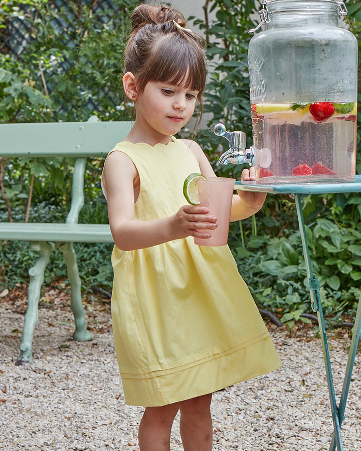 girl wearing premium european scalloped neckline dress