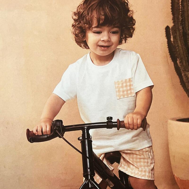 boy wearing premium European gingham shorts