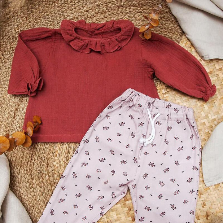 Premium European gauze blouse in dusty pink matched with flowery pants