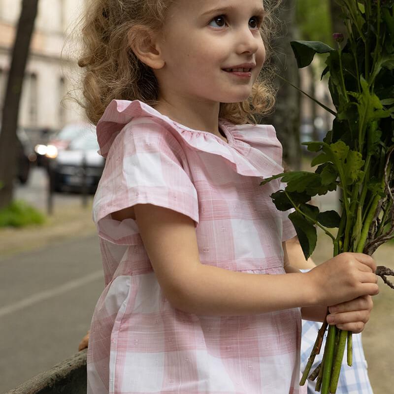 Toddler wearing Premium European pink checkered romper 